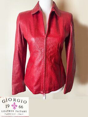Giorgio 1966 Authentic Red Genuine Italian Leather Zip Jacket Fitted Size 40